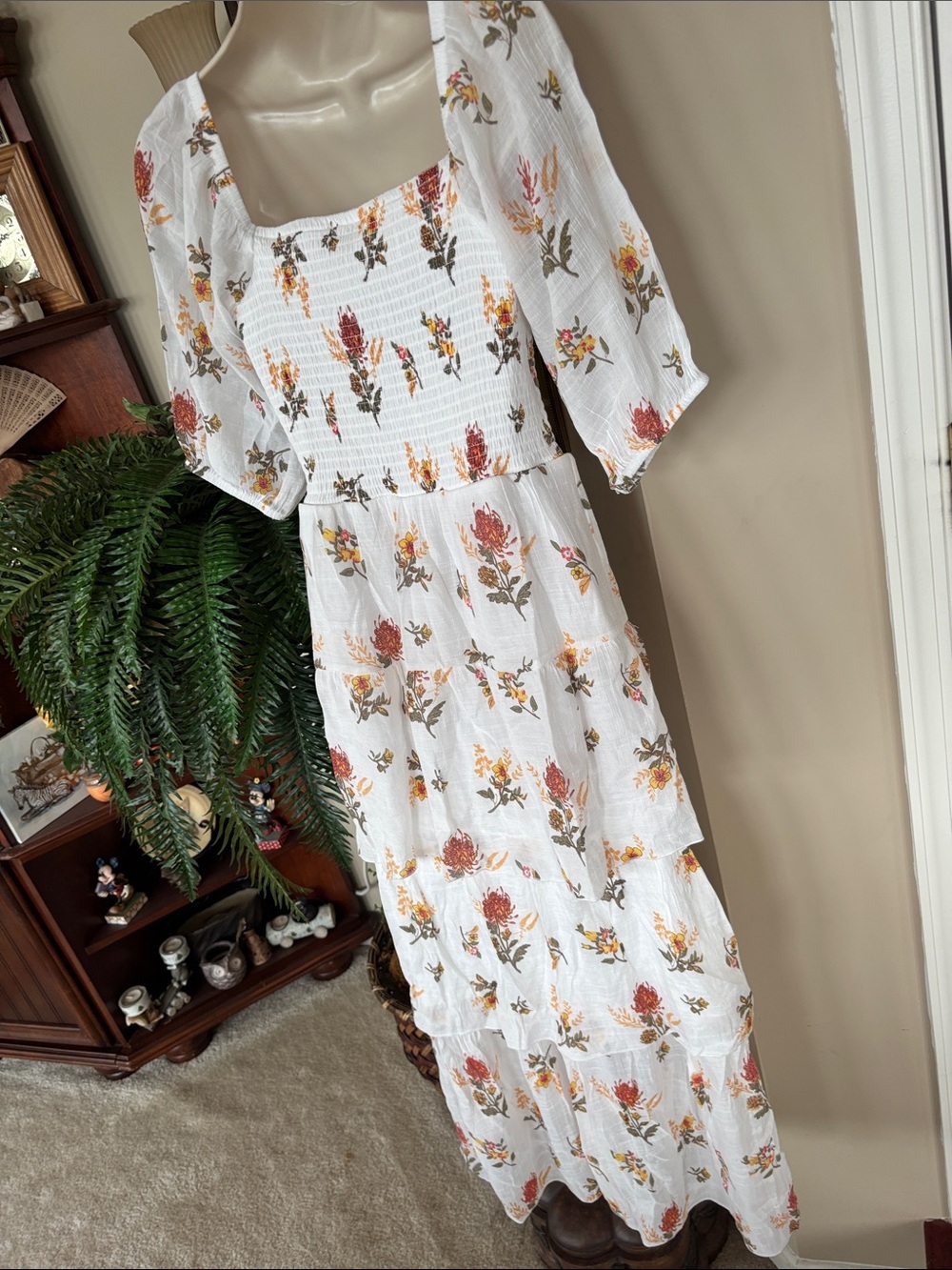 J. Gee White Boho Floral Tiered Maxi Dress Smocked Bodice Ruffle Puff Sleeves - Picture 13 of 15